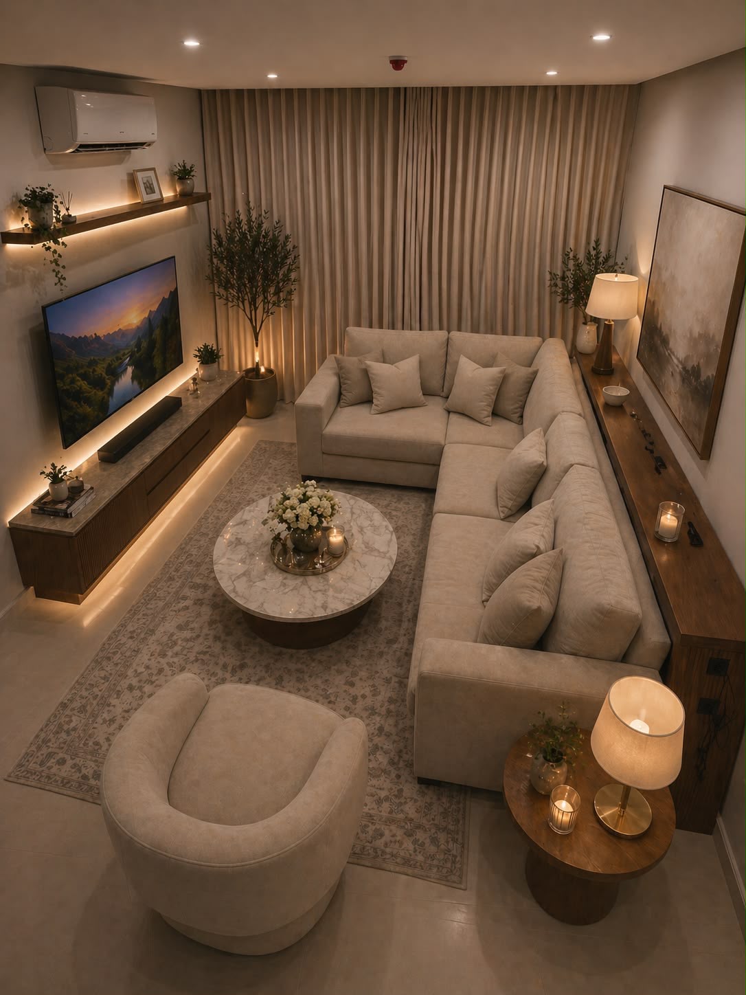 A cozy, compact living room with a beige sectional and warm lighting
