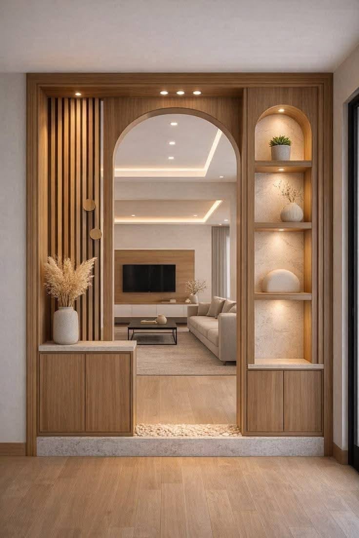 A wood archway opening into a living room